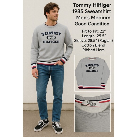 Tommy Hilfiger Denim 1985 Crewneck Sweatshirt Gray Size S/M Logo Pullover USA - Picture 1 of 15
